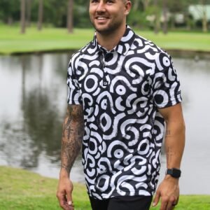 CA Funky Golf Shirt | White & Black Squiggles