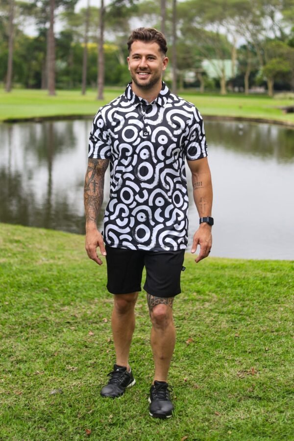 CA Funky Golf Shirt | White & Black Squiggles - Image 4