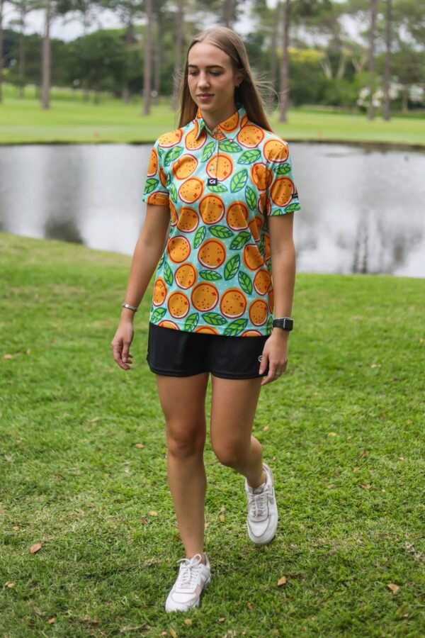 CA Ladies Funky Golf Shirt | Turquoise Oranges - Image 4