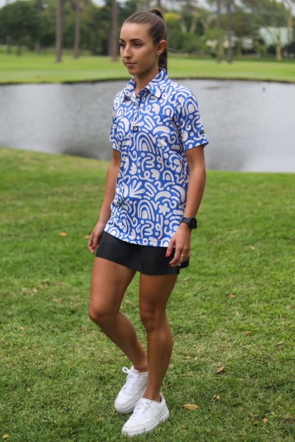 CA Ladies Funky Golf Shirt | Blue & Beige Squiggles - Image 5