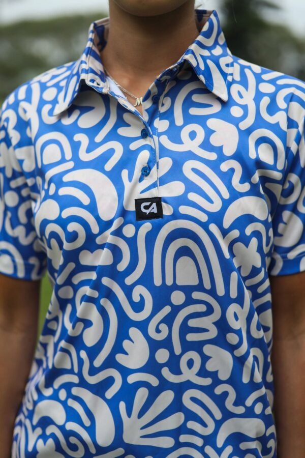 CA Ladies Funky Golf Shirt | Blue & Beige Squiggles - Image 6