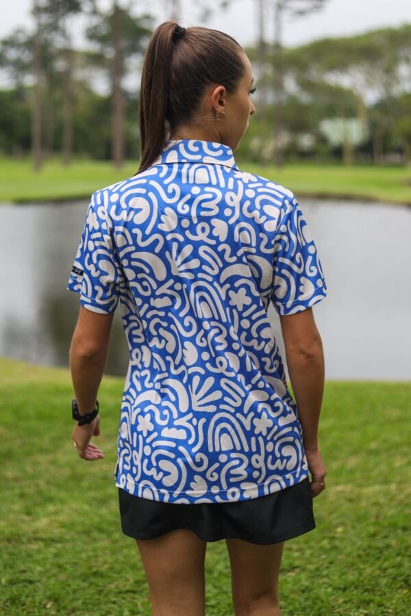 CA Ladies Funky Golf Shirt | Blue & Beige Squiggles - Image 3