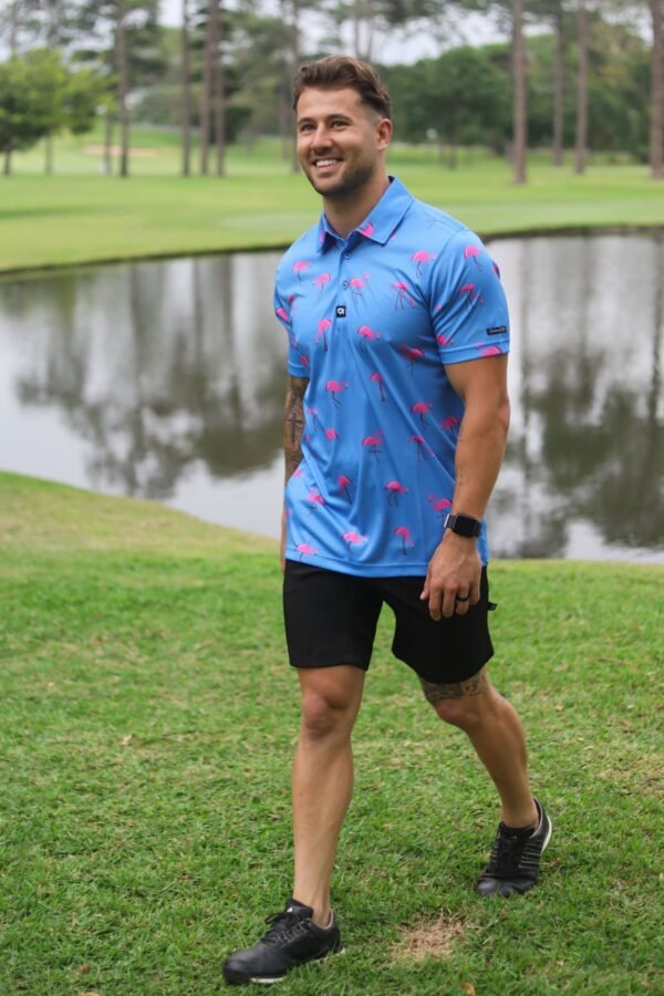 CA Funky Golf Shirt | Blue-Dotted Flamingo - Image 4